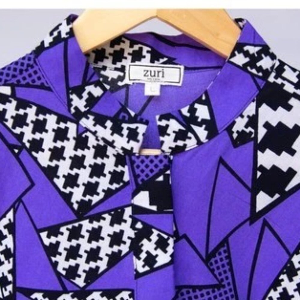 NWT ZURI Kenya Shirt Dress saved by the bell L Cotton Purple White Black Pockets - Picture 3 of 5